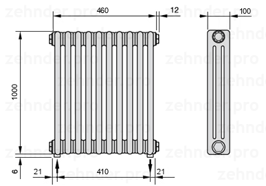 Схема (чертеж) Радиатор Zehnder Charleston 3100/10 №5310 Белый глянцевый RAL 9016